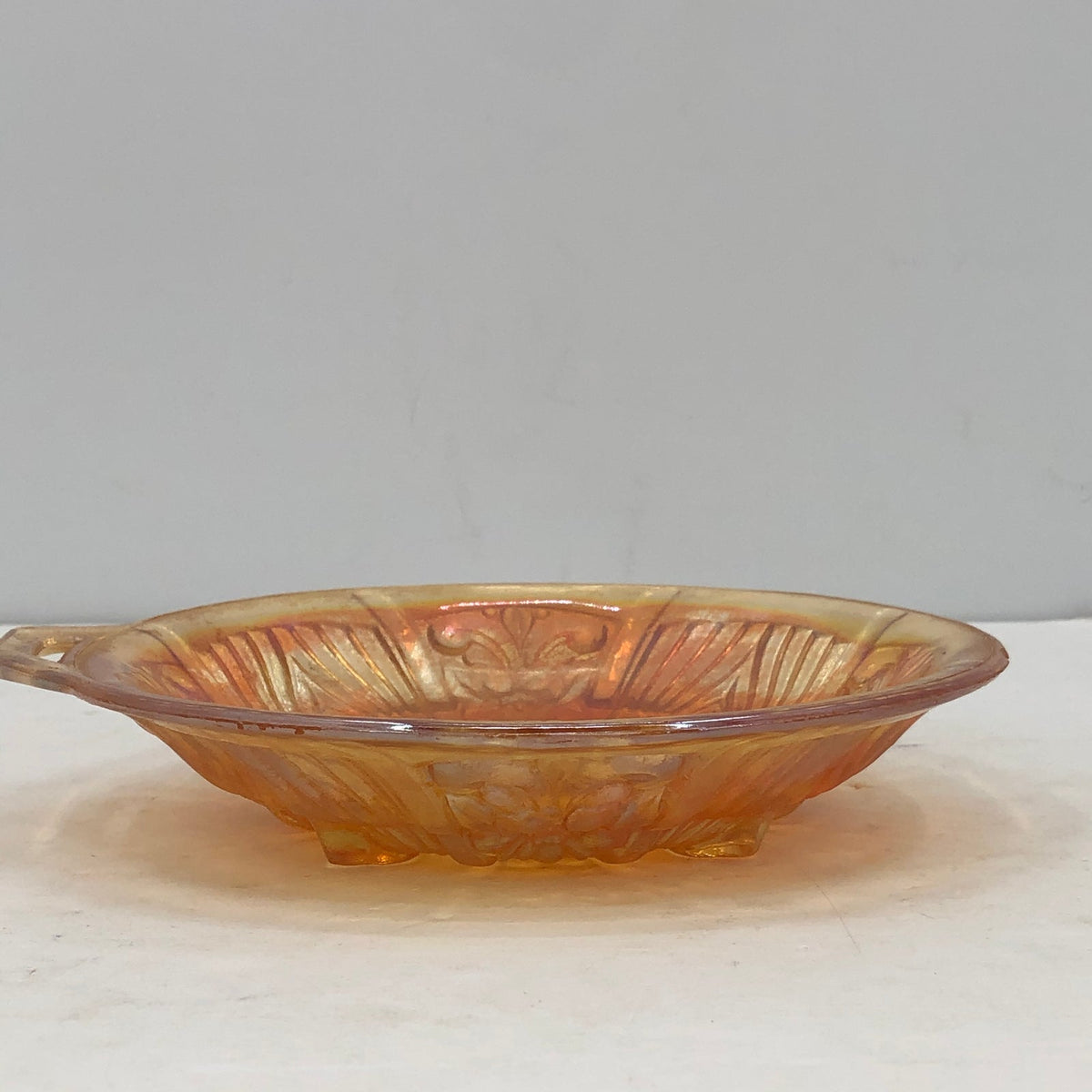 Vintage Iridescent Marigold Carnival Glass Divided Candy Nut Dish Open Handle