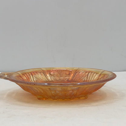 Vintage Iridescent Marigold Carnival Glass Divided Candy Nut Dish Open Handle