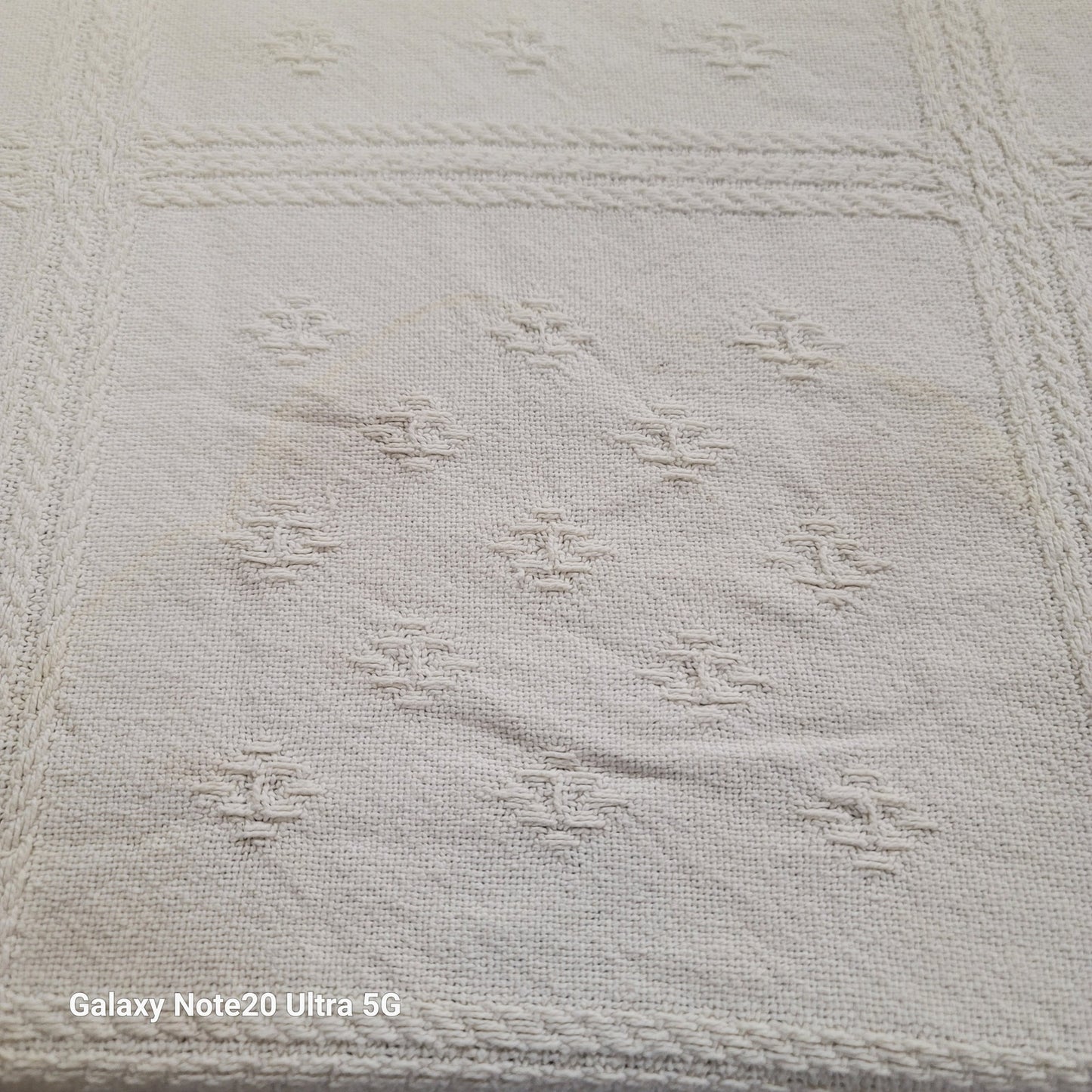 White coverlet blanket  Woven squares fringe white king or queen vintage texture