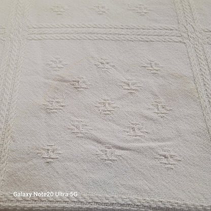 White coverlet blanket  Woven squares fringe white king or queen vintage texture