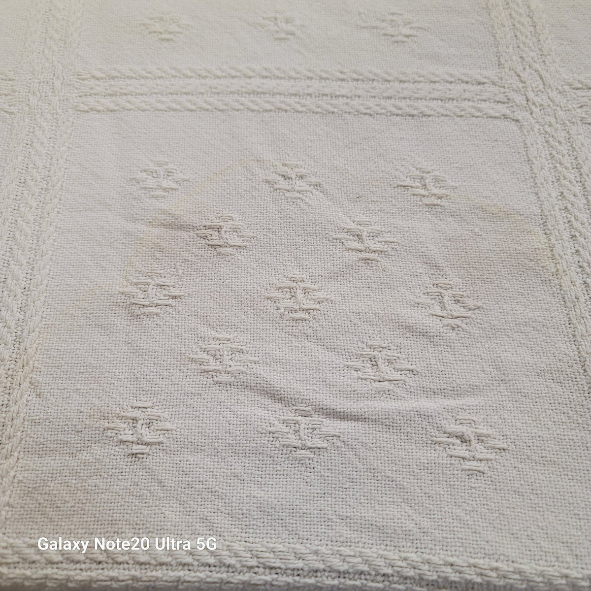 White coverlet blanket  Woven squares fringe white king or queen vintage texture