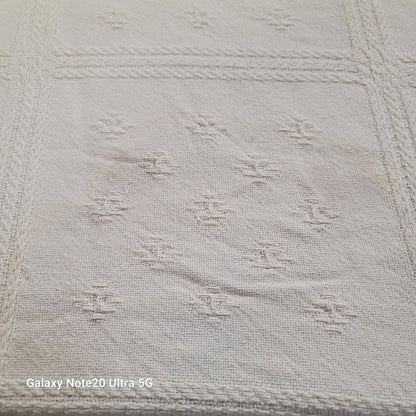 White coverlet blanket  Woven squares fringe white king or queen vintage texture