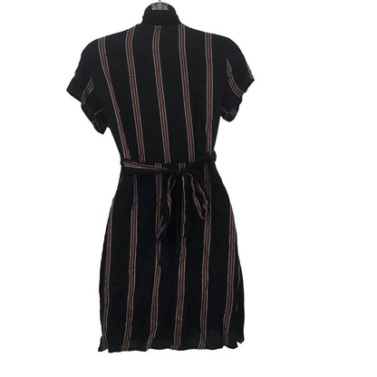 LIRA Women Short Sleeve Pullover Tie Waist Wrap Dress V-Neck Striped Black M