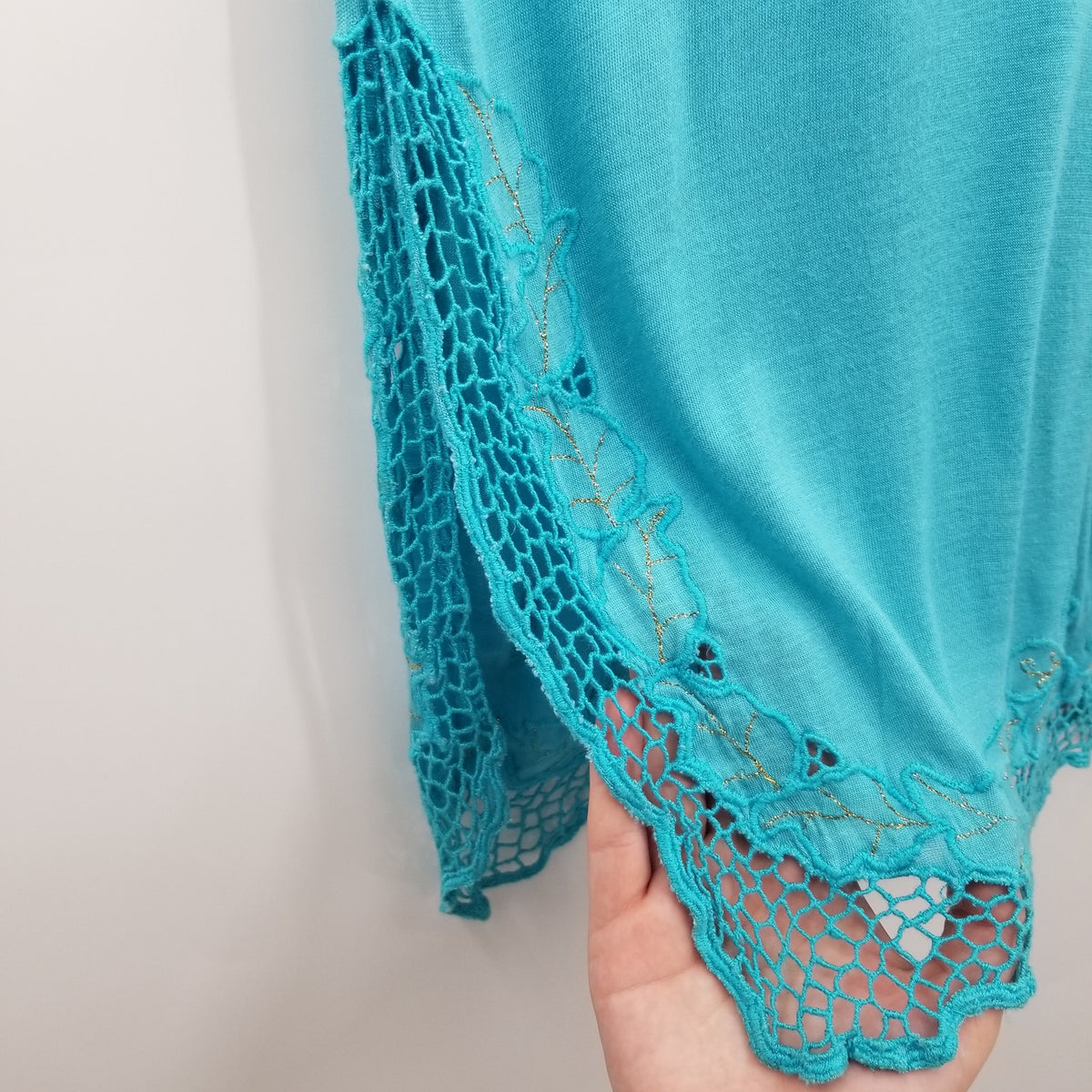 Vintage Blue Teal Coverup Dress Embroidery short sleeve 1980's Medium