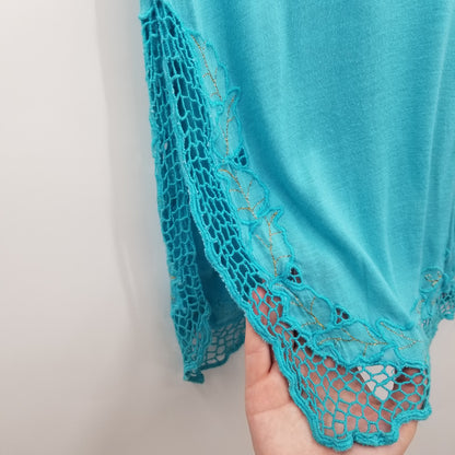 Vintage Blue Teal Coverup Dress Embroidery short sleeve 1980's Medium