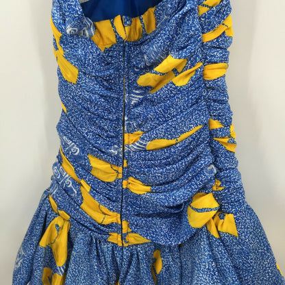 Vintage 80's 2 Pc. Jacket Halter Pleated Mini Dress Set Disco BEBOP Yellow/Blue