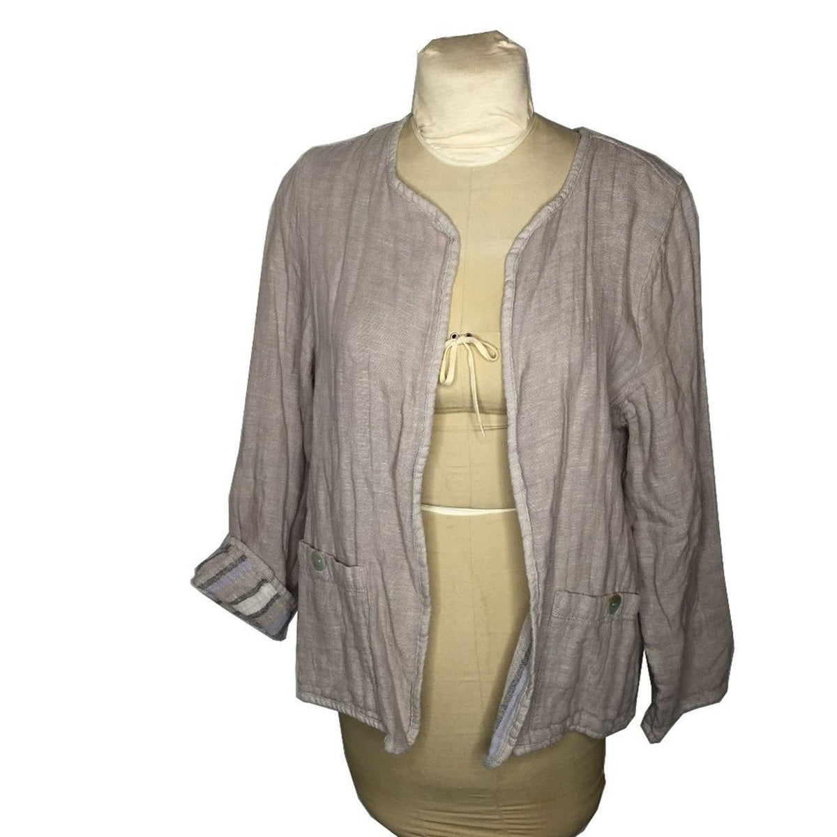 Tahari Linen Cotton Open Front Jacket LARGE Long Sleeve Lagenlook Pockets Gray
