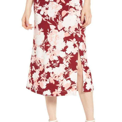 NWT Chelsea 28 Midi Skirt Front Button Closure Side Slit Floral Print Red XS