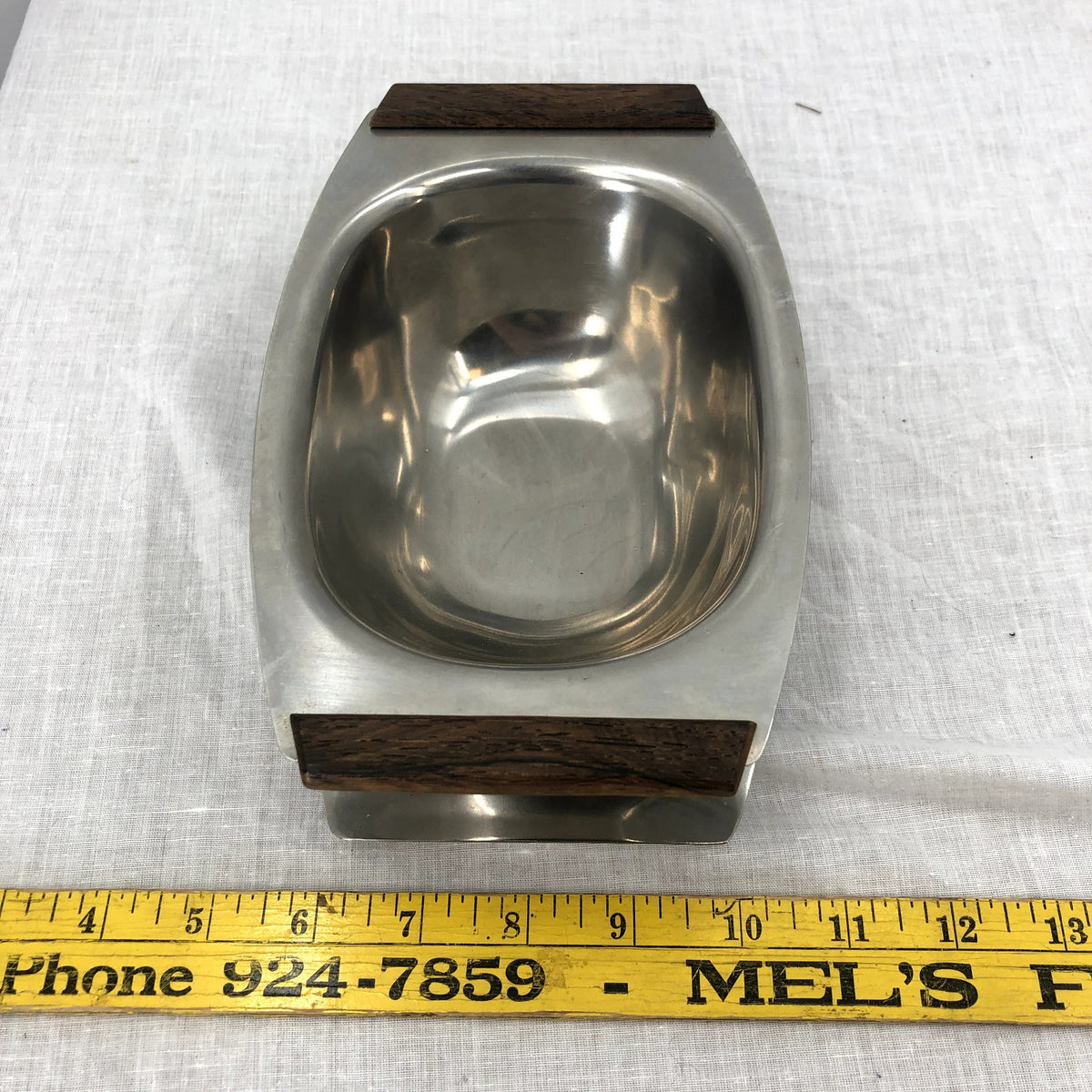Danish One PIece Silver Tone Stainless Steel Wood Gravy Boat Midcentury Modern
