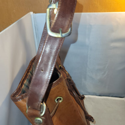 Marino Orlandi Leather Italian Bucket Bag NewBuck Cognac Drawstring Purse tartan