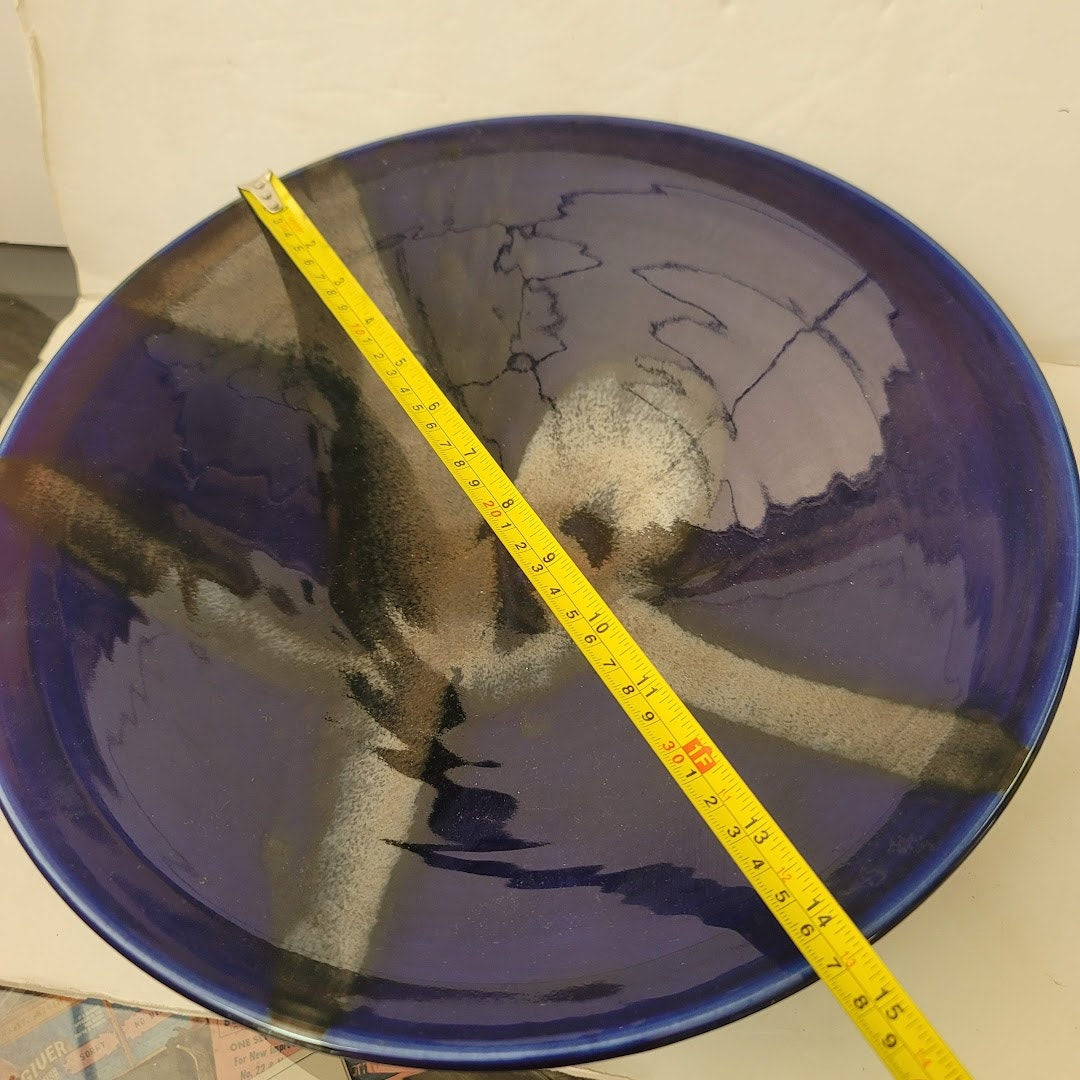 Matthew Patton Blue Raku Silver Bowl Wall hanging Art Pottery abstract swirls