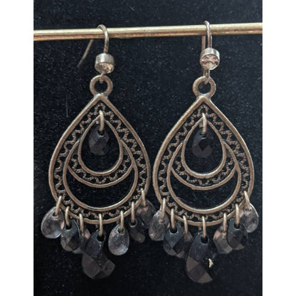 Vintage Teardrop Chandelier Earrings Black and Clear Stone Copper Tone Dangle
