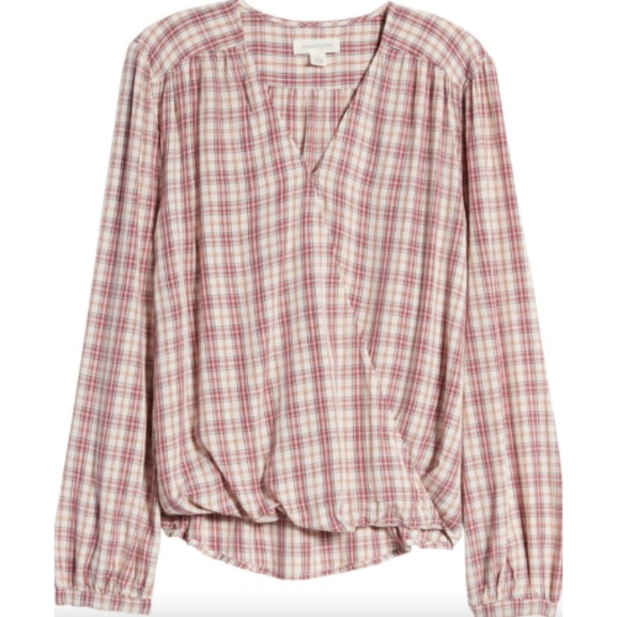 Treasure & Bond Shirred Wrap Top XS/Extra Small Pink Frosty Plaid NEW Surplice