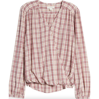 Treasure & Bond Shirred Wrap Top XS/Extra Small Pink Frosty Plaid NEW Surplice
