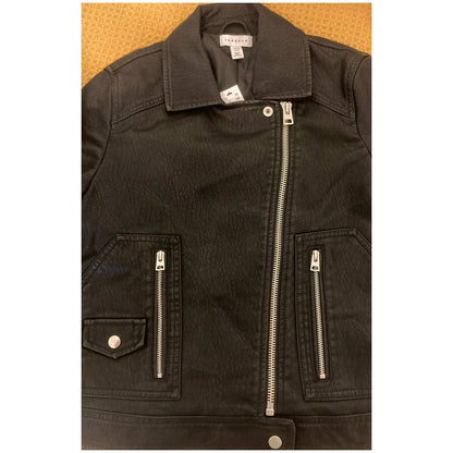 Topshop Crop Faux Leather Biker Jacket US Size 6 Black NWT Moto Silver Zippers