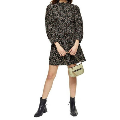 TOPSHOP Tiny Front Pleats Long Sleeve Mini Dress Sz 12 in Black Floral Multi NWT