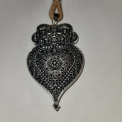NEW silvertone Black Aged Filigree Metal Scarf Purse Slide Cork Rope DOUBLESIDED