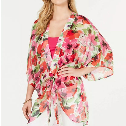 INC International Concepts Painterly Floral Kimono Beach Coverup Wrap One Size