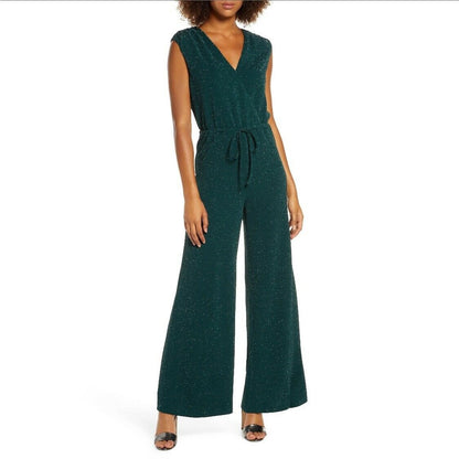 Chelsea 28 Sparkle Wide Leg Jumpsuit Sleeveless V-Neck Metallic Green SZ Medium