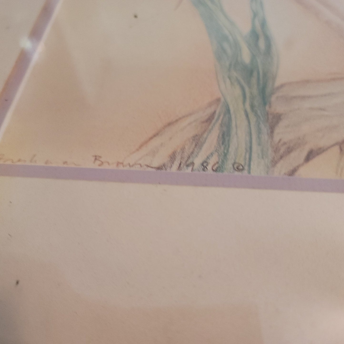Original Louise Freshman Brown 1986 Framed Glass Blue heron / pelican pencil Art