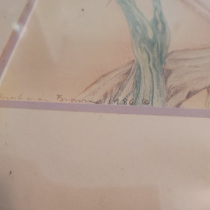 Original Louise Freshman Brown 1986 Framed Glass Blue heron / pelican pencil Art