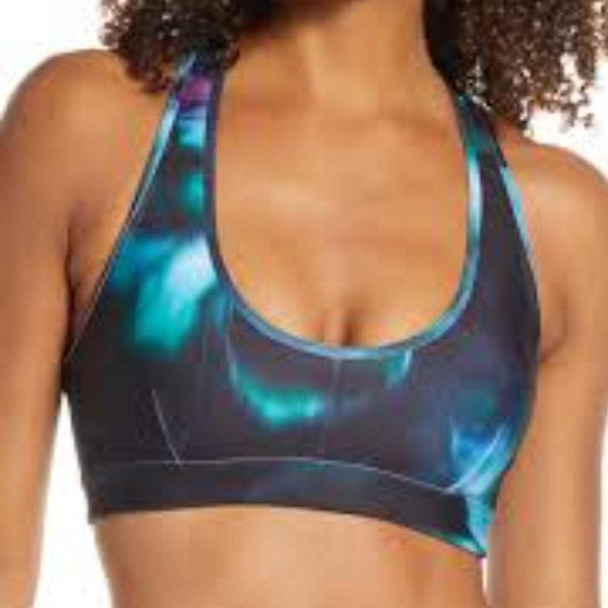 Zella Sunray Print Sports Bra Small Cross back Stretch Black Blue Tye Dye NEW