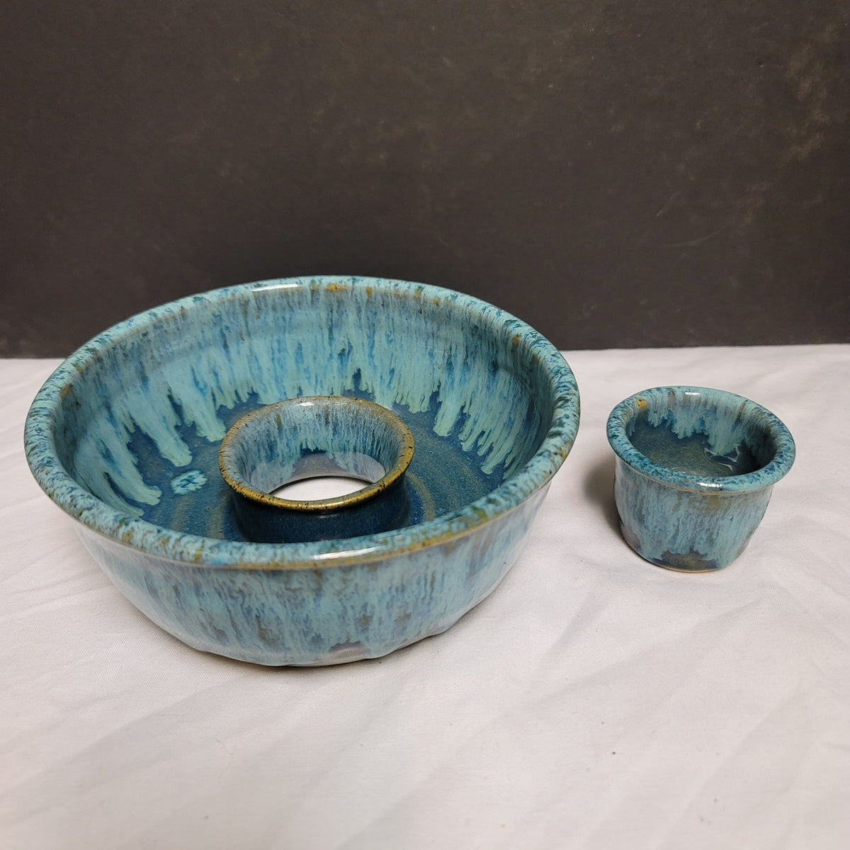 Vintage Blue Olive Serving Set Two Piece Ring Bowl with Sauce Cup Handmade