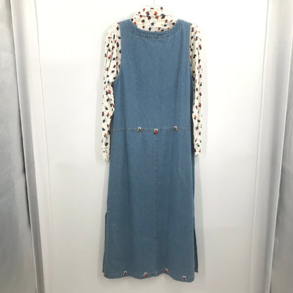 Christmas Holiday Denim Jean Dress Button Long Sleeve top White/Blue Large Blue