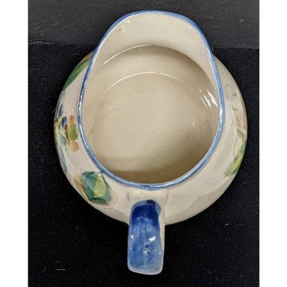 Vintage Signed Secla Portugal Hand Painted Blue Green Floral Pitcher Jug Vase