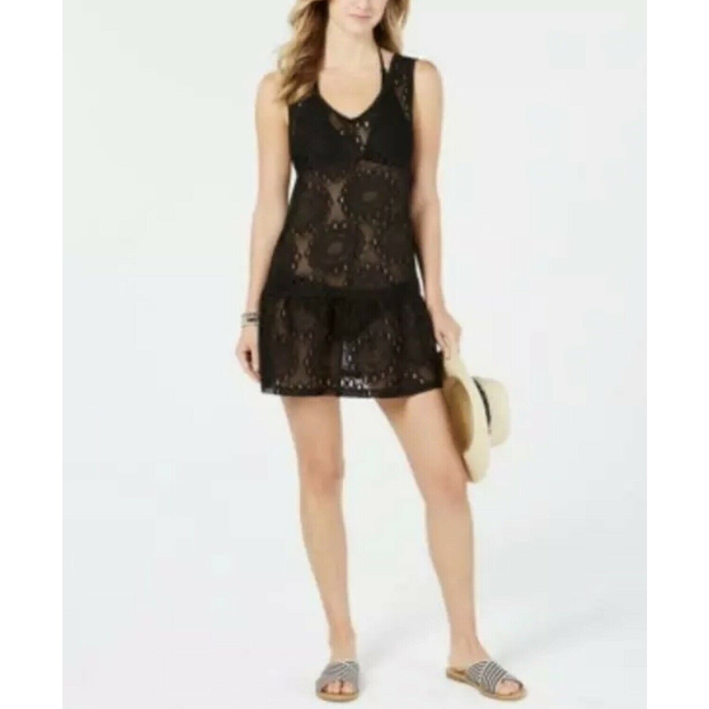Miken NEW Lace Drop-Waist Dress Swimsuit Cover-Up Black Size Medium