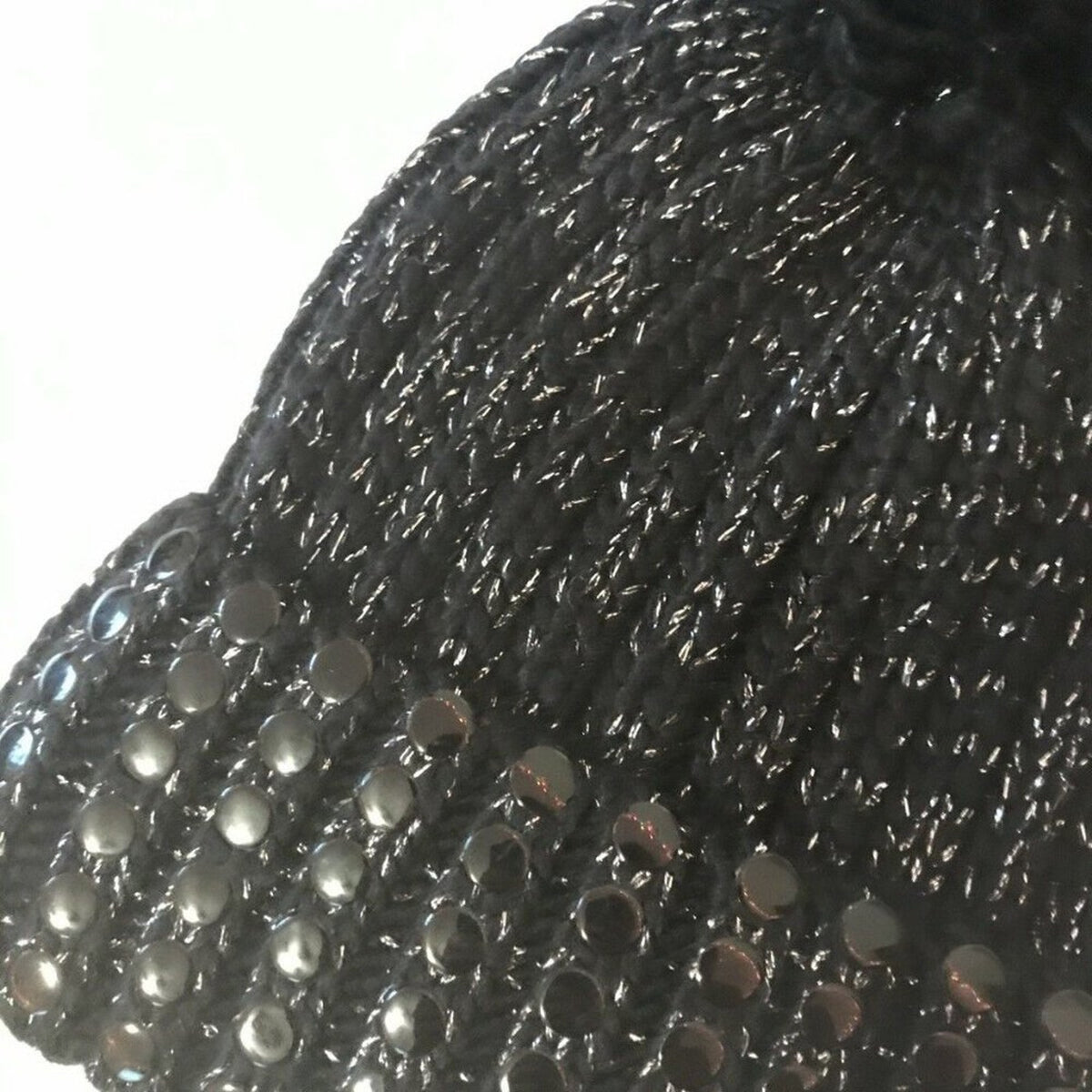 DKNY NEW Flat Stud Metallic Ribbed Black Pompom Beanie Hat Winter GIFT PRESENT
