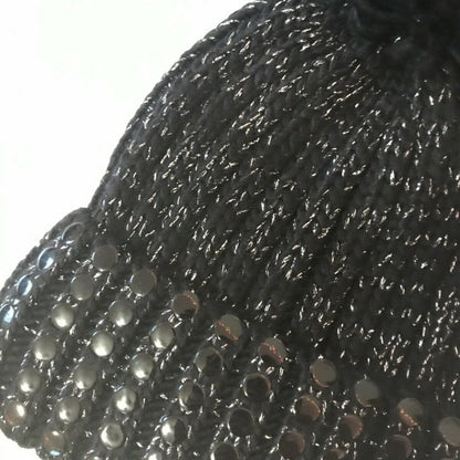 DKNY NEW Flat Stud Metallic Ribbed Black Pompom Beanie Hat Winter GIFT PRESENT
