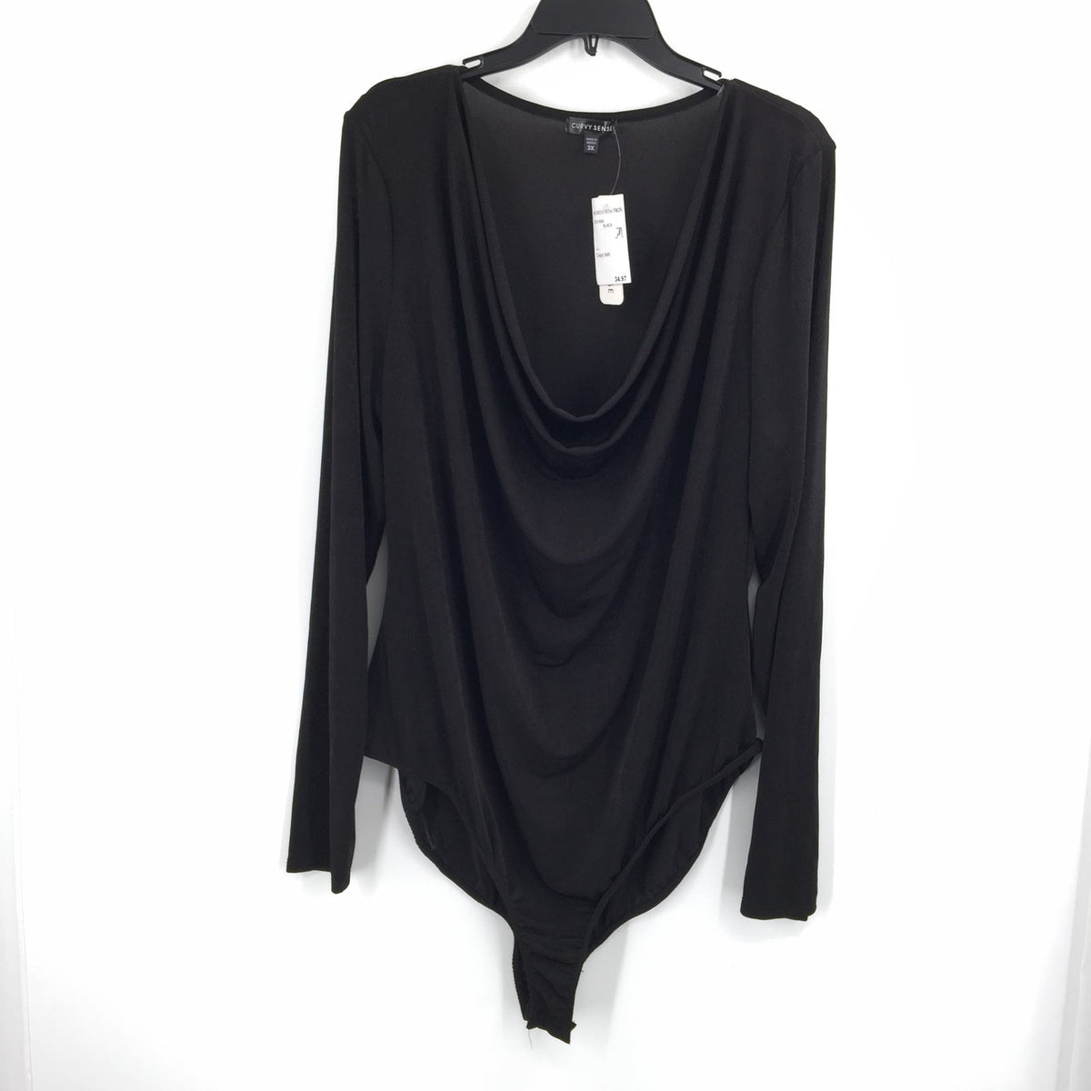 Curvy Sense Knitted Body Suit loose Cowl Neck Draped Long Sleeve Black Size 4x