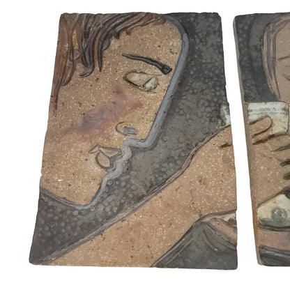 Art Pottery Glaze Couple pair Clay Relief Wall Tile Plaques Male female toasting