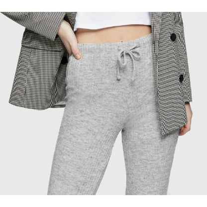 Topshop Pull On Drawstring Rib Knit Flare Leg Retro Pants Sz 14 Heather Gray NWT