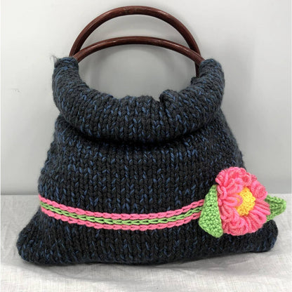 Vintage Round Plastic Handle Yarn Purse Knitted Crochet Detail Black Flower Pink