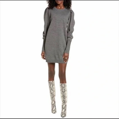 WayF Lola Puff Sleeve Knit Dress Medium Dark Grey NEW Mock Neck Sweater Dress