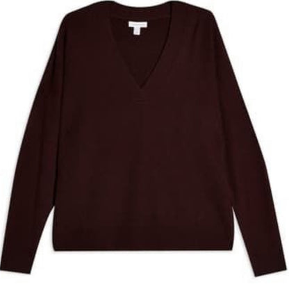 Topshop NWT Burgundy Wool V-Neck Ribbed Sweater US 4-6 Oversized Sweater SMALL