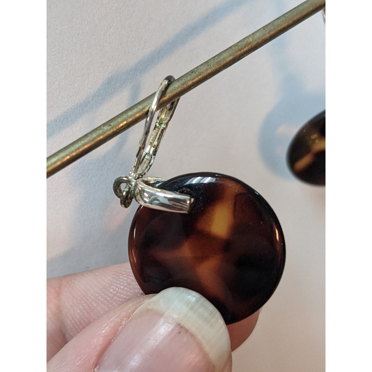 Vintage Amber Glass Translucent Disc Dangle Drop Earrings Silver Tone Metal