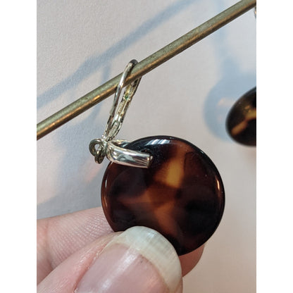 Vintage Amber Glass Translucent Disc Dangle Drop Earrings Silver Tone Metal