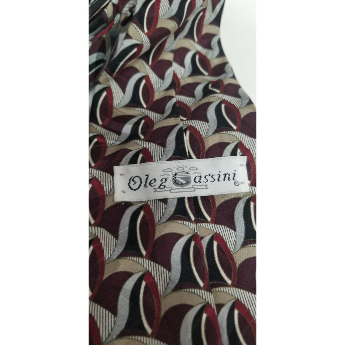 Oleg Cassini Vintage Geometric 1980s Silk Tie 58" Grays, burgundy, cream, black