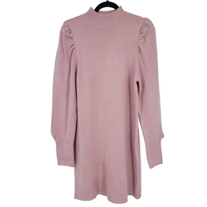 WayF Lola Puff Sleeve Knit Dress Medium Blush Pink NEW Mock Neck Sweater Dress