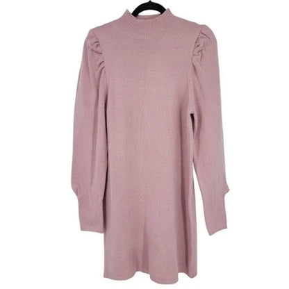 WayF Lola Puff Sleeve Knit Dress Medium Blush Pink NEW Mock Neck Sweater Dress