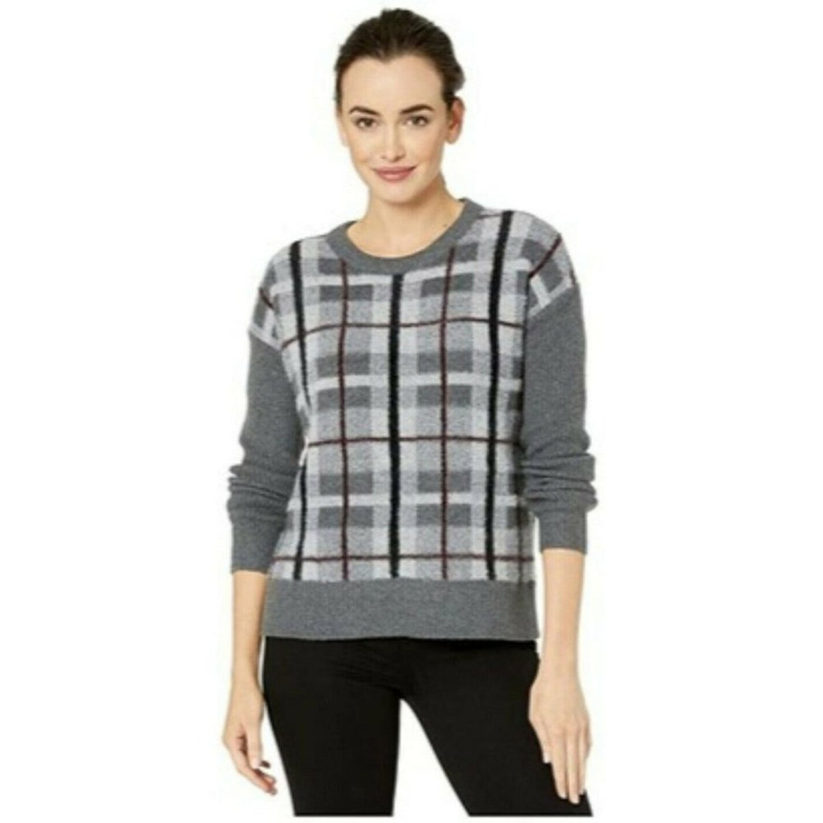 Vince Camuto Pullover Sweater Plaid Grey White Medium new Plaid Split Hem Sleeve