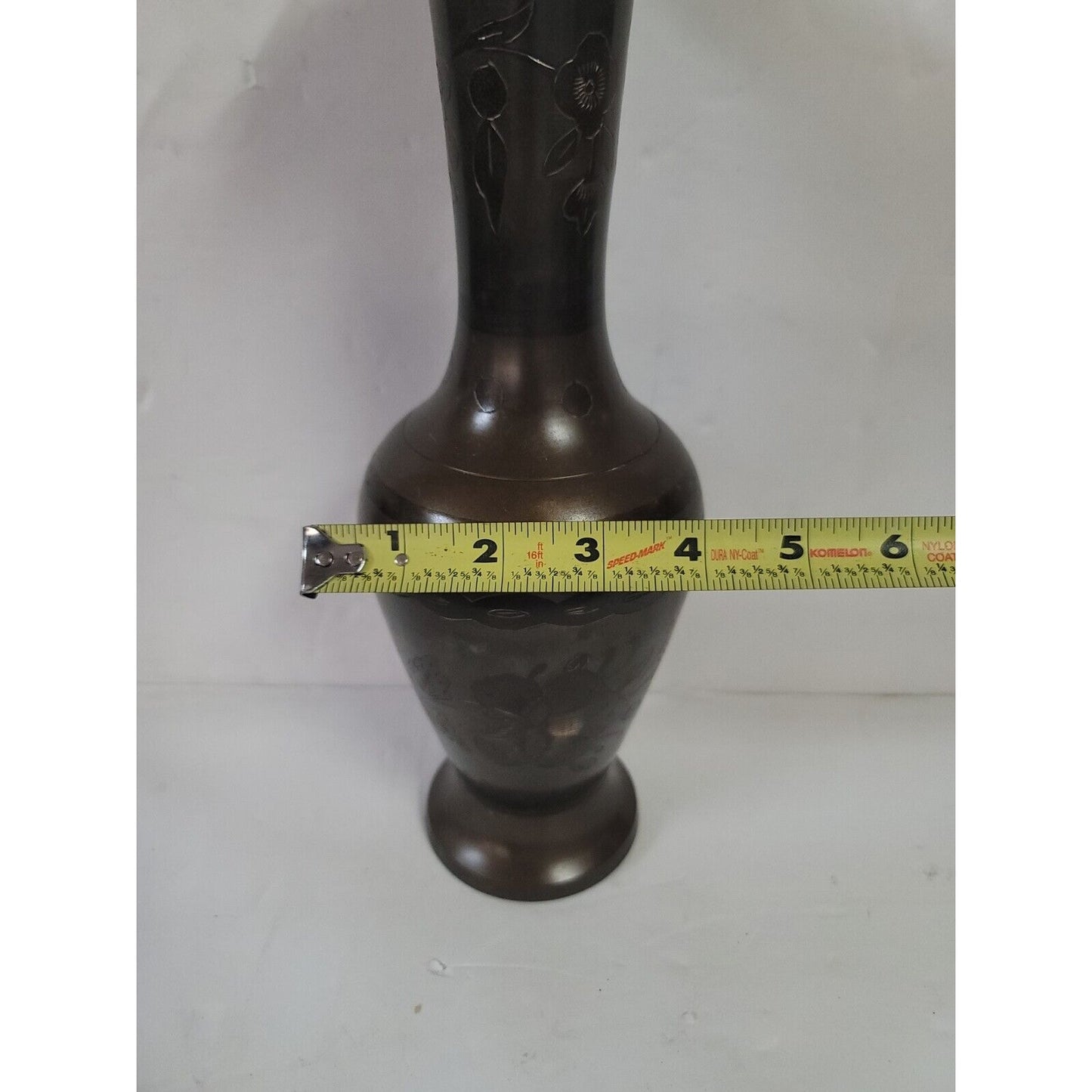 Vintage Solid Brass Flared Vase Made In India Engraved Floral Design 12.5” Tall
