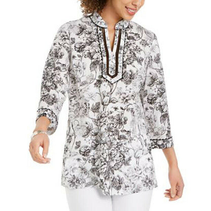 Charter Club NWT White Split-Neck Tunic Blouse Top Black Floral Print Medium