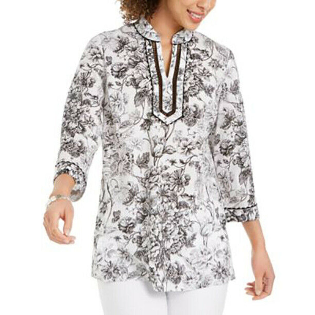 Charter Club NWT White Split-Neck Tunic Blouse Top Black Floral Print Medium
