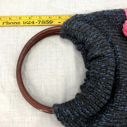 Vintage Round Plastic Handle Yarn Purse Knitted Crochet Detail Black Flower Pink