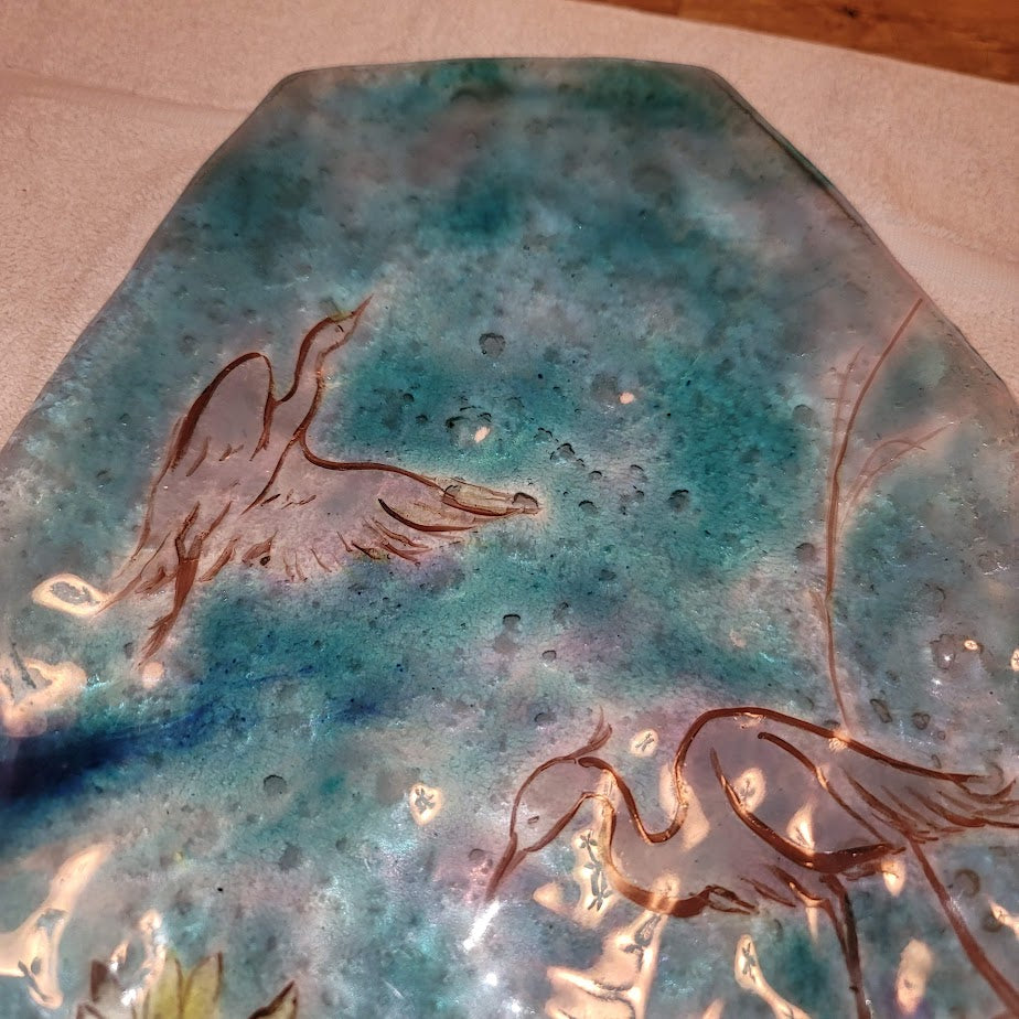 Handmade Art Glass Beach Heron Lily Pads Flamingo Fused Bubbles One of a kind
