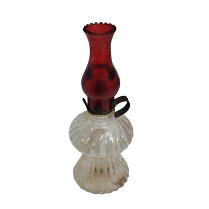 Vintage Mini Faux Oil Lamp Tiny Clear Base Red Chimney 3.5" tall glass plastic